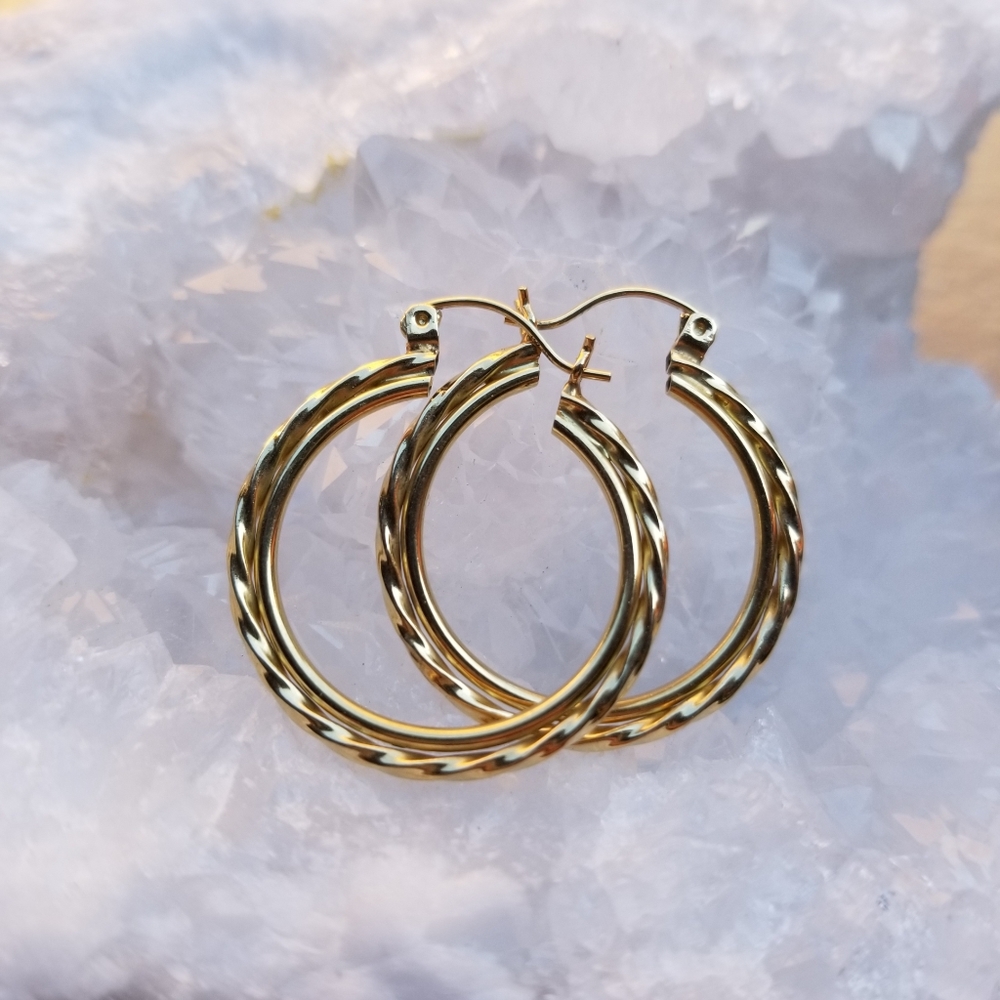 Solid 14k Yellow Gold Double Hoops - image 1